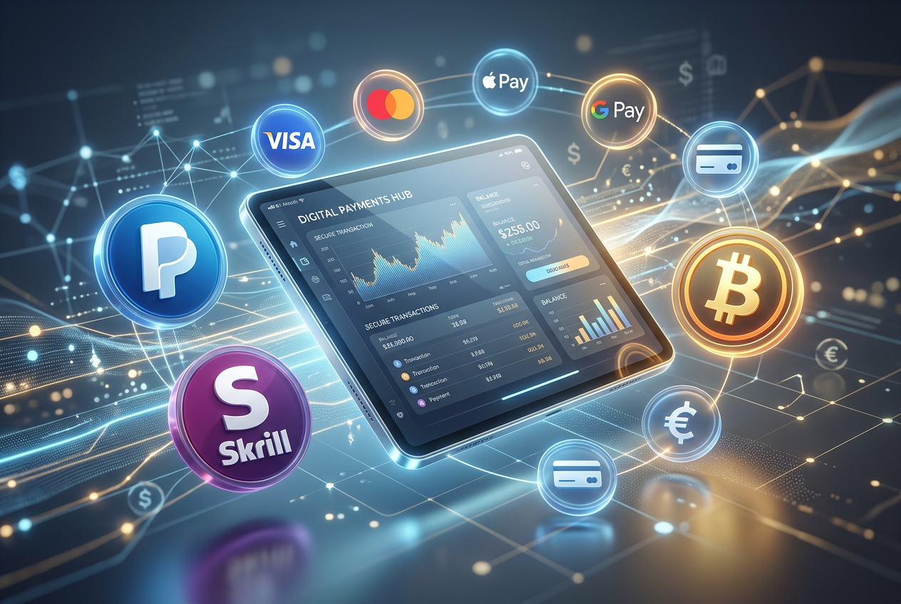 Srovnání platebních metod v kasinu včetně PayPal, Skrill a USDT na moderním tabletu