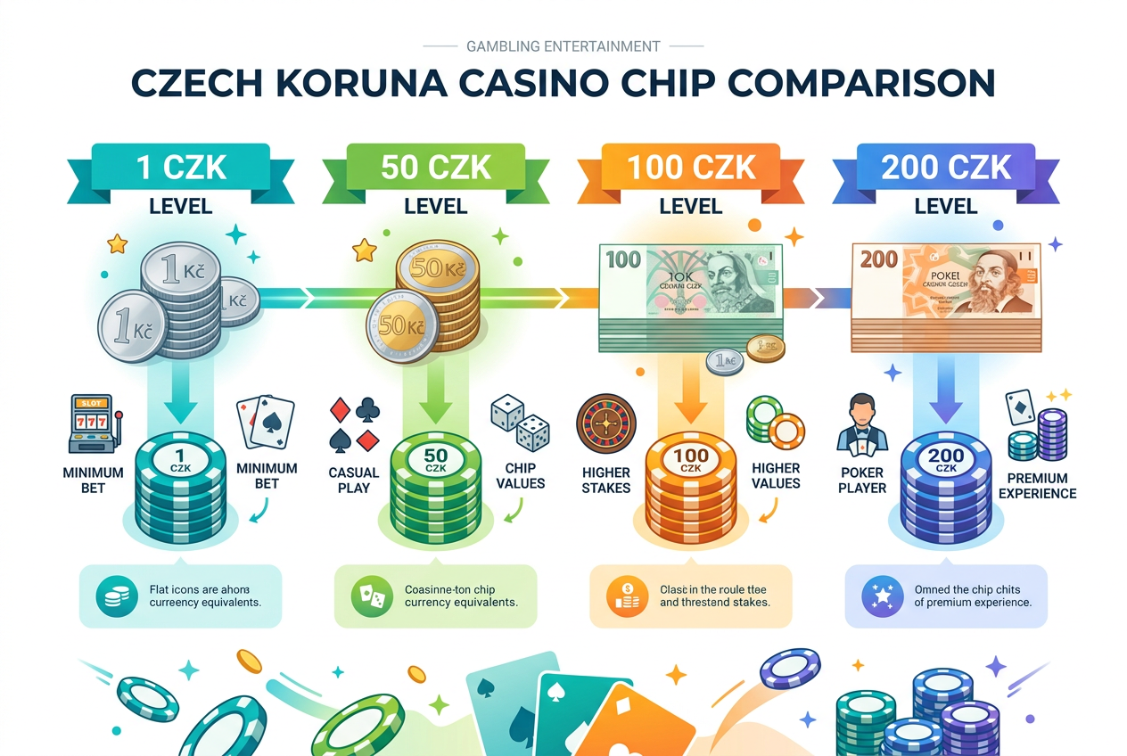 Infografika s úrovněmi vkladů v českých korunách a herními žetony