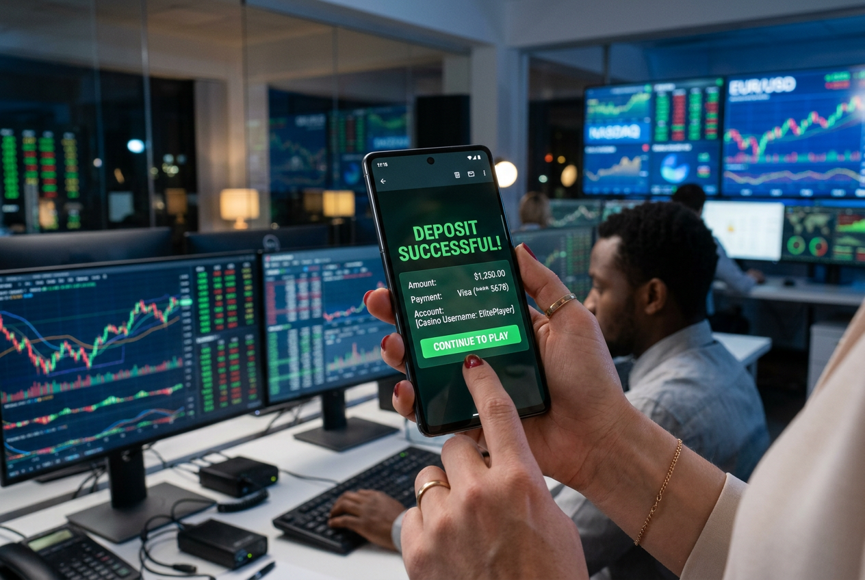 Profesionální testování vkladů v online casinu přes mobilní telefon s analytickými grafy v pozadí