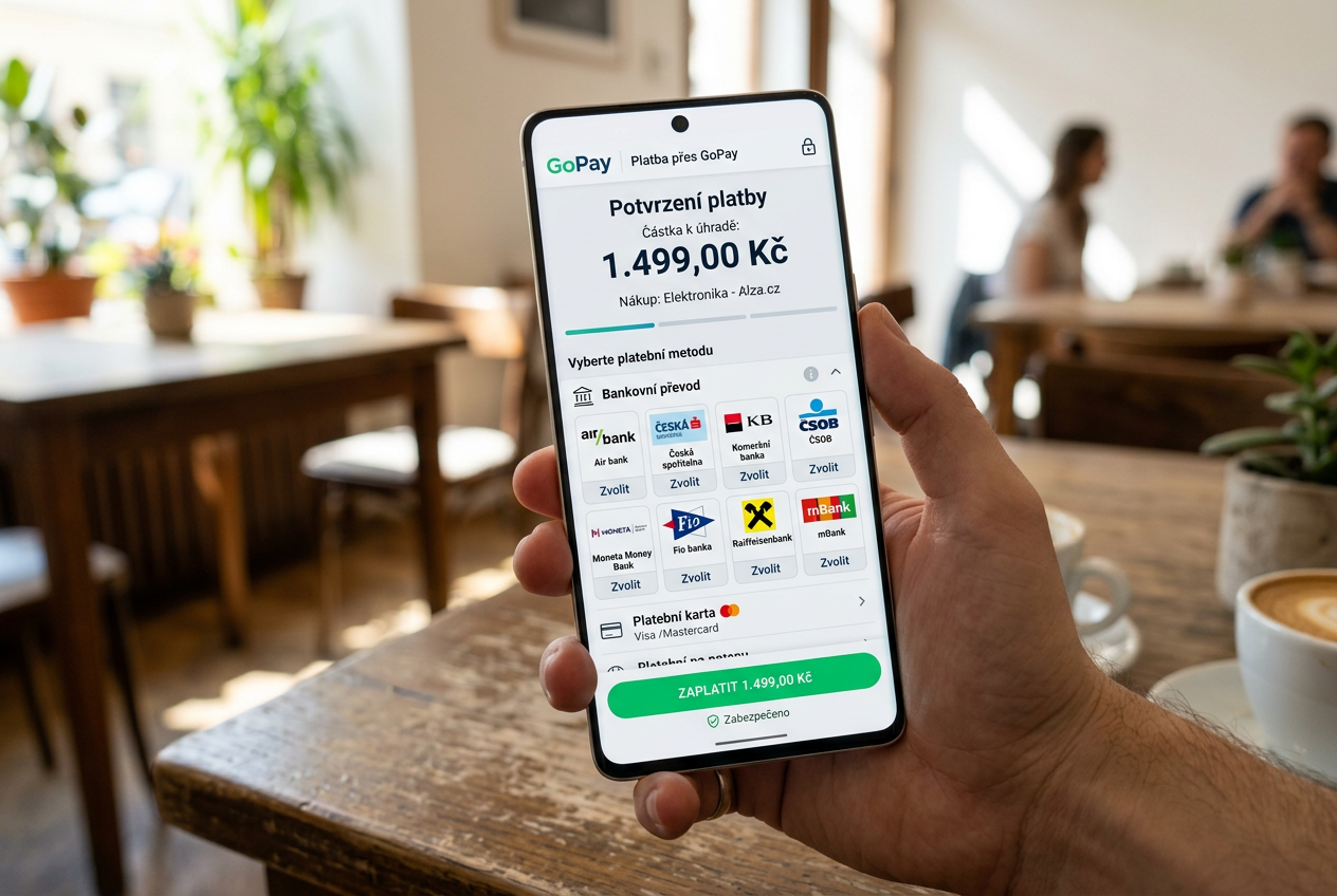 Moderní rozhraní platební brány GoPay na mobilním telefonu se symboly českých bank a CZK